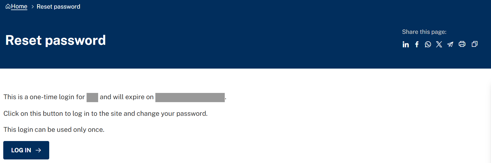 password reset one time link